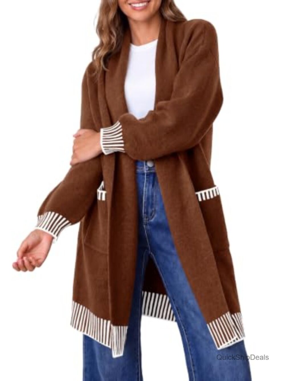 Womens Oversized Striped Cardigan Open Front Sweater with Pockets